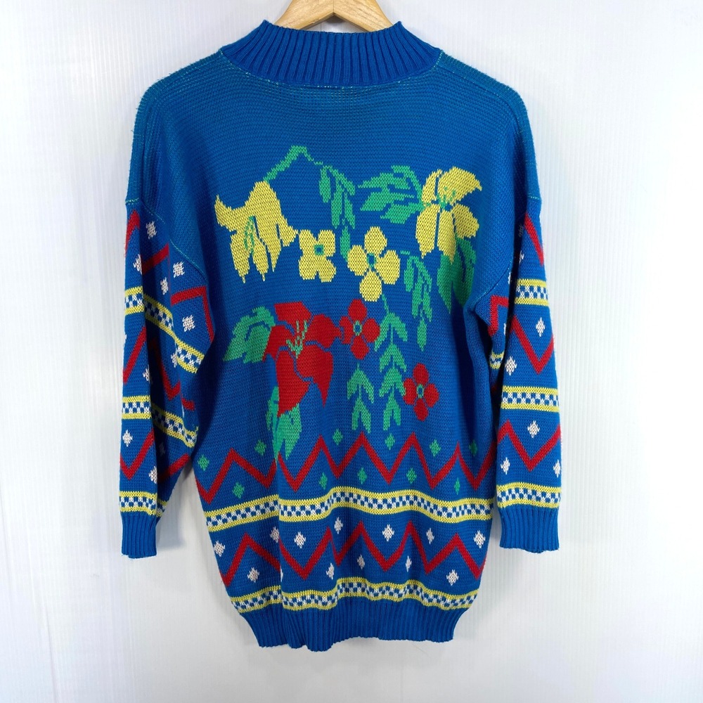VTG 80s Keneth Too Blue Large Floral Long Sleeve Mock Neck Sweater Womens Medium - Picture 8 of 9